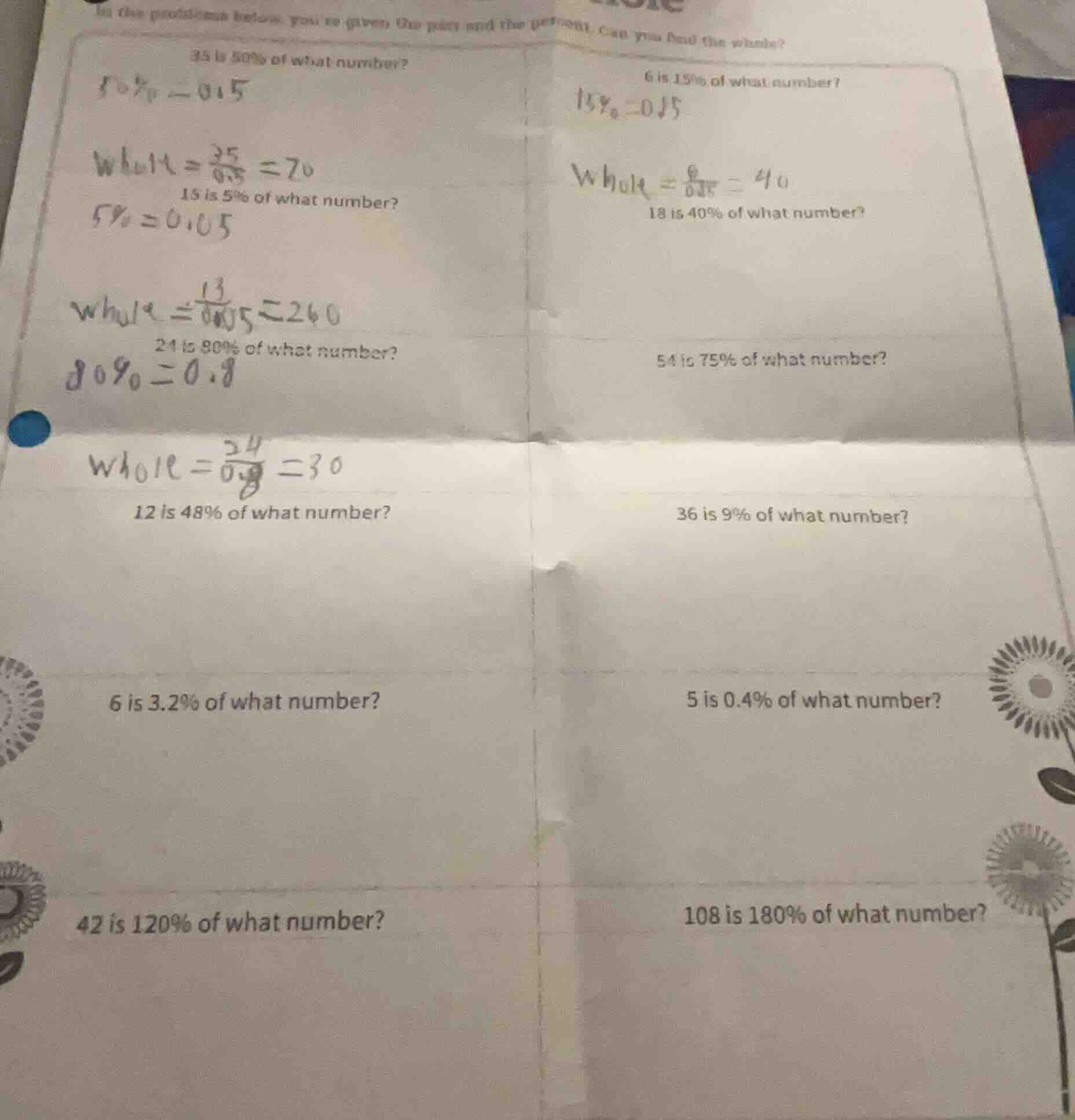 in the problems below, youre given the part and the percent. can you fi…