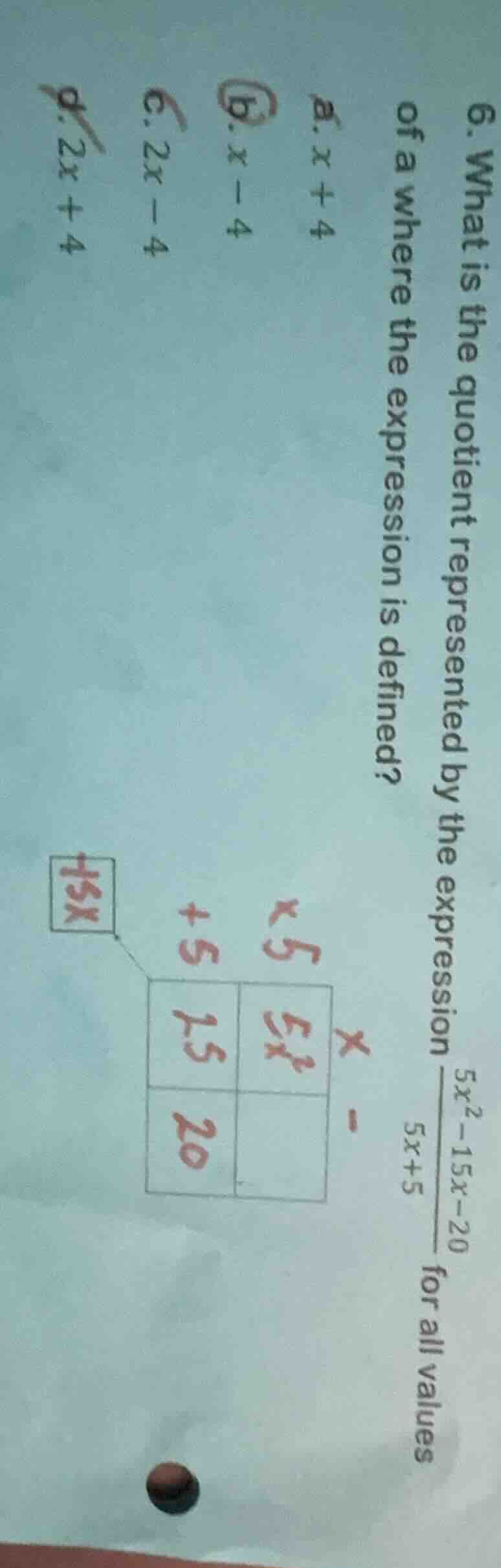6. what is the quotient represented by the expression (\frac{5x^2 - 15x…