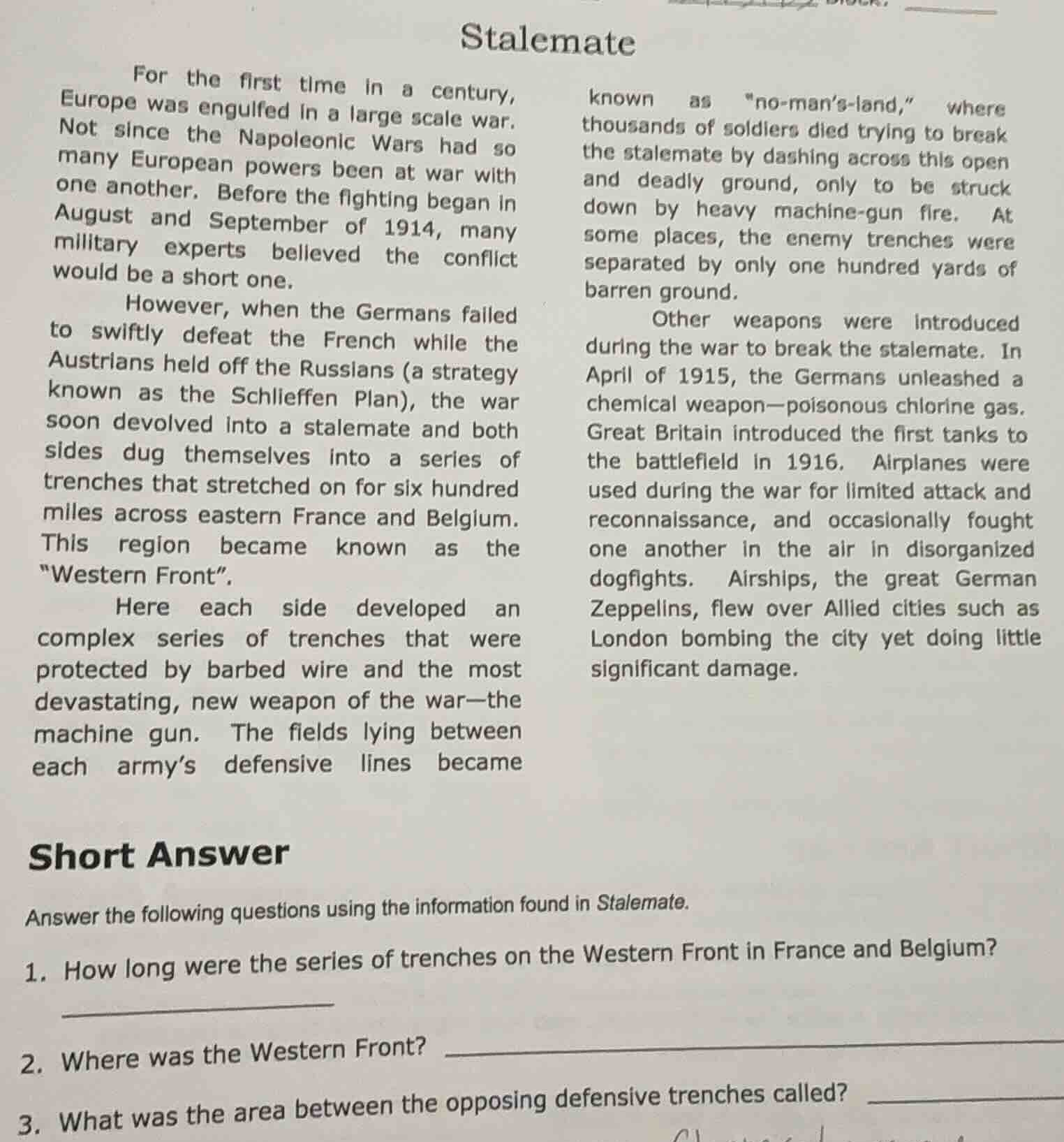 stalemate for the first time in a century, europe was engulfed in a lar…