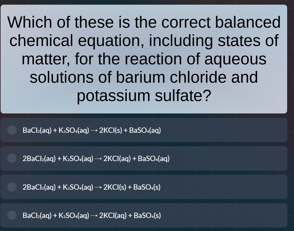 which of these is the correct balanced chemical equation, including sta…