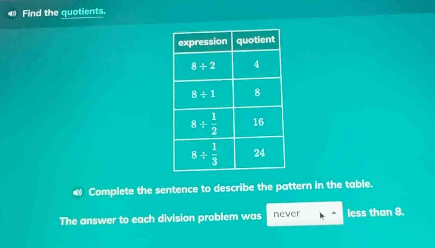 find the quotients. expression | quotient --- | --- $8\\div2$ | $4$ $8\…