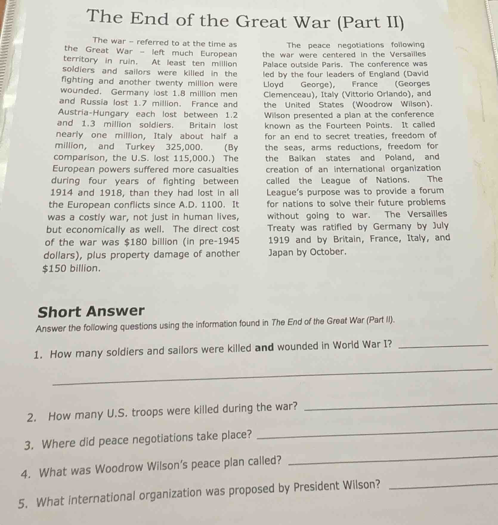 the end of the great war (part ii) the war - referred to at the time as…