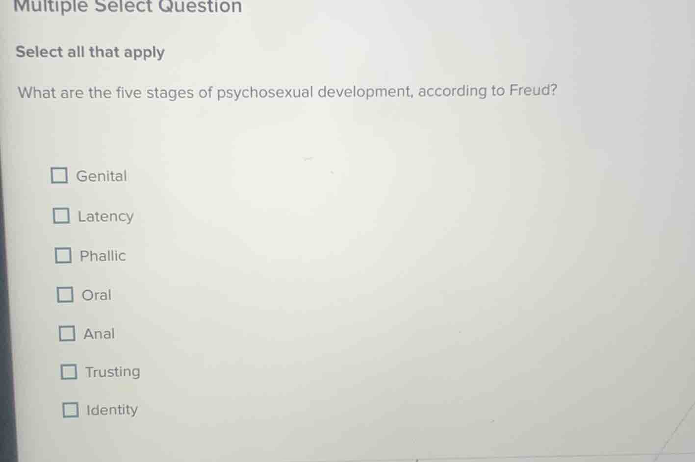 multiple select question select all that apply what are the five stages…