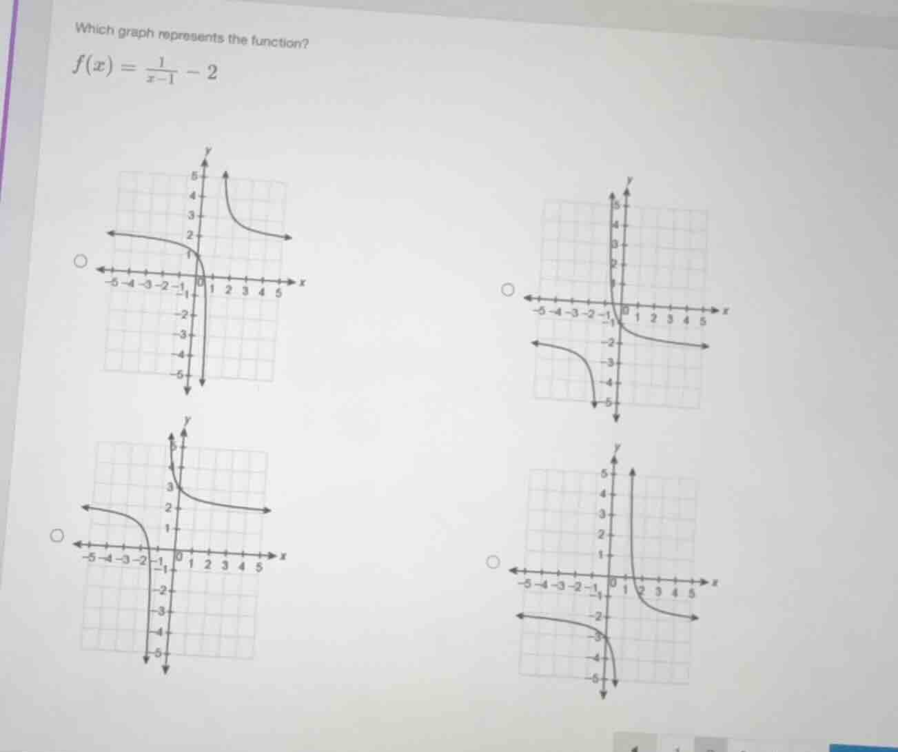 which graph represents the function? $f(x) = \\frac{1}{x - 1} - 2$