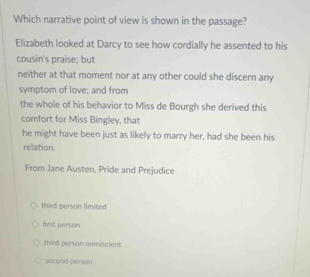 which narrative point of view is shown in the passage? elizabeth looked…