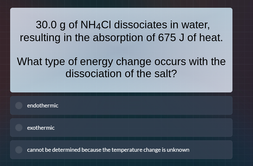 30.0 g of nh₄cl dissociates in water, resulting in the absorption of 67…
