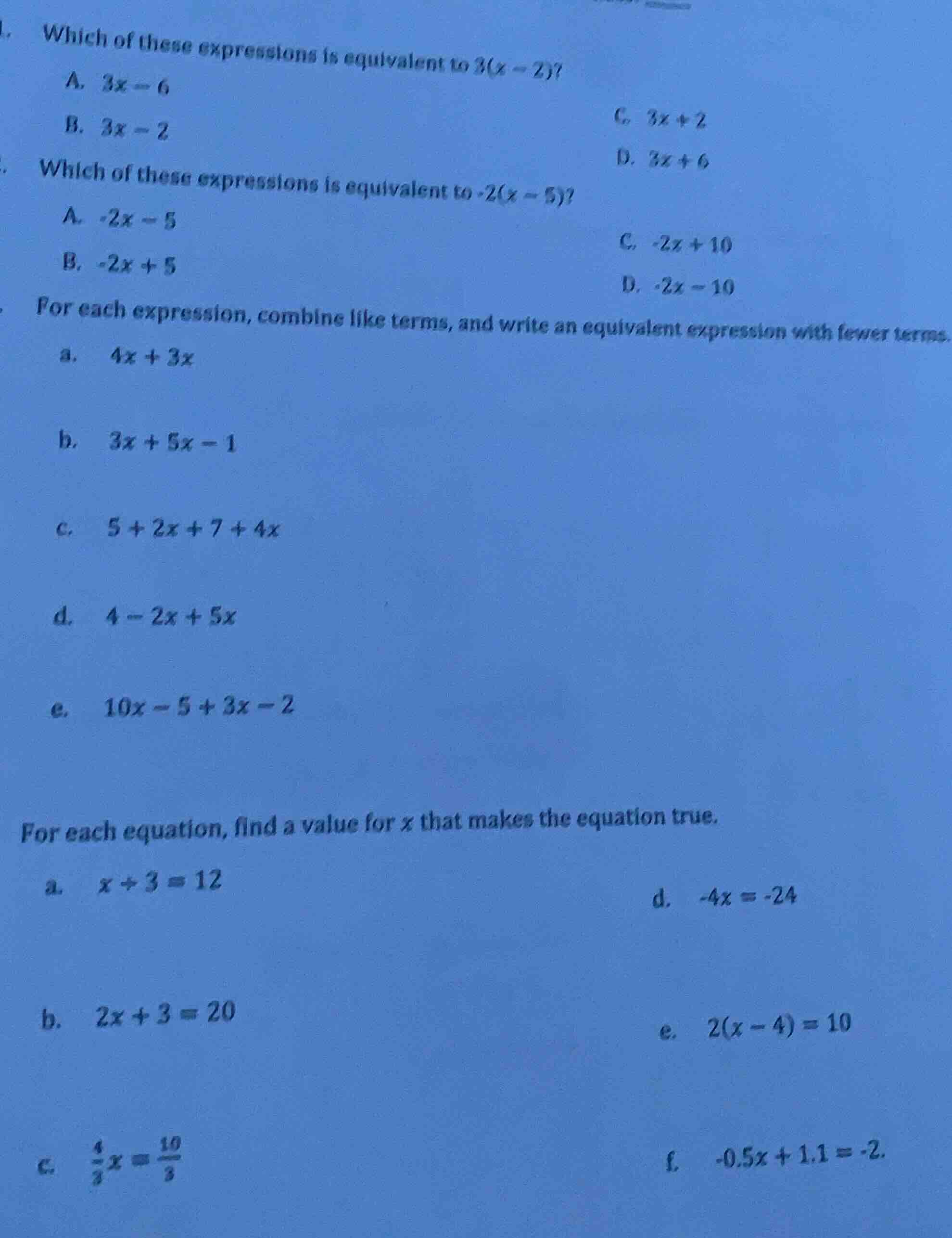 1. which of these expressions is equivalent to $3(x - 2)$? a. $3x - 6$ …