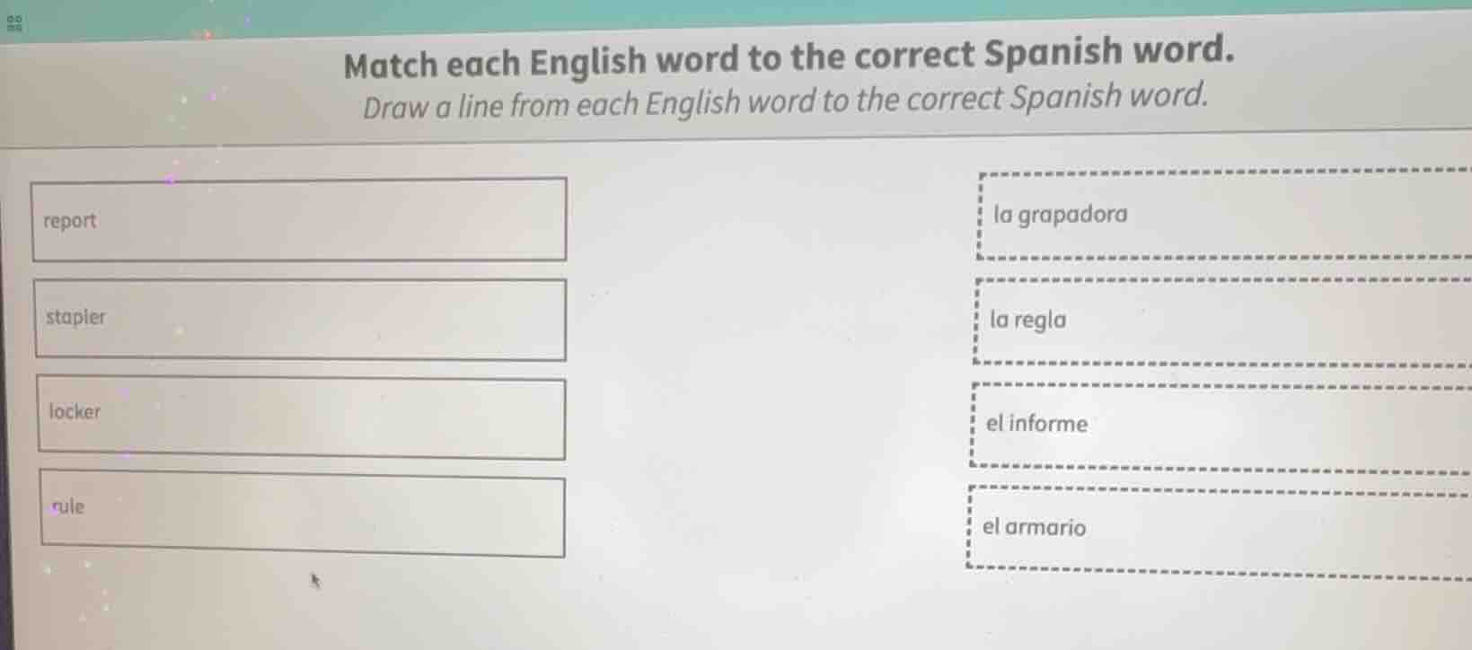 match each english word to the correct spanish word. draw a line from e…