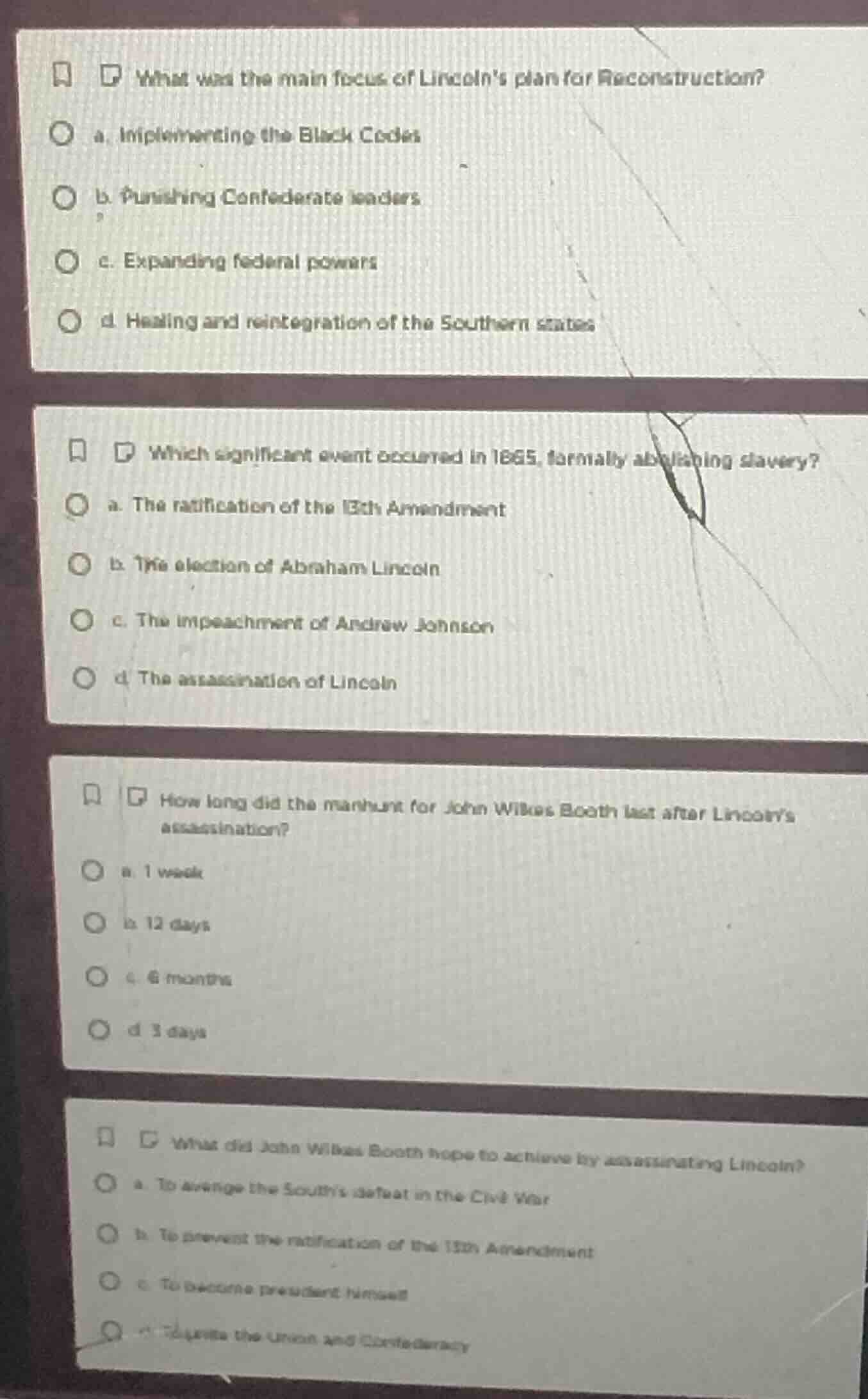 what was the main focus of lincolns plan for reconstruction? a. impleme…