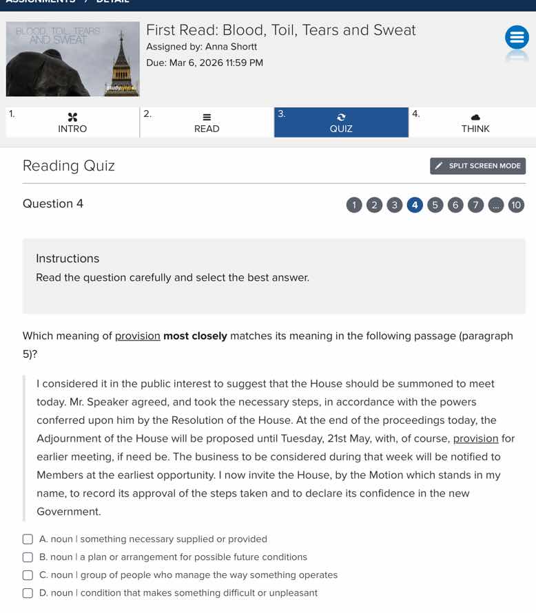 first read: blood, toil, tears and sweat assigned by: anna shortt due: …