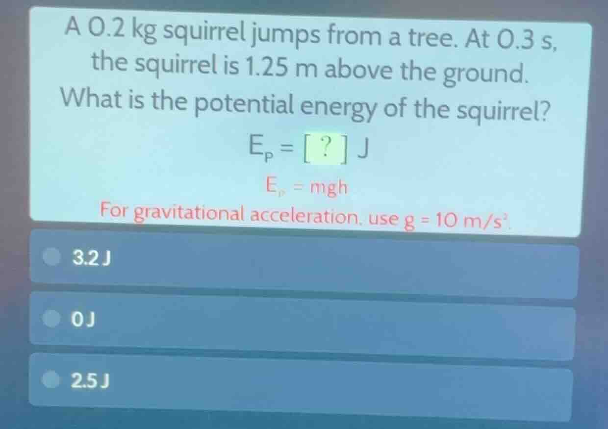a 0.2 kg squirrel jumps from a tree. at 0.3 s, the squirrel is 1.25 m a…