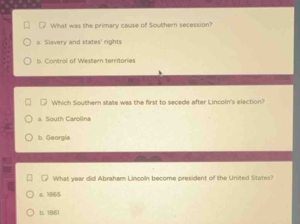 what was the primary cause of southern secession? a. slavery and states…