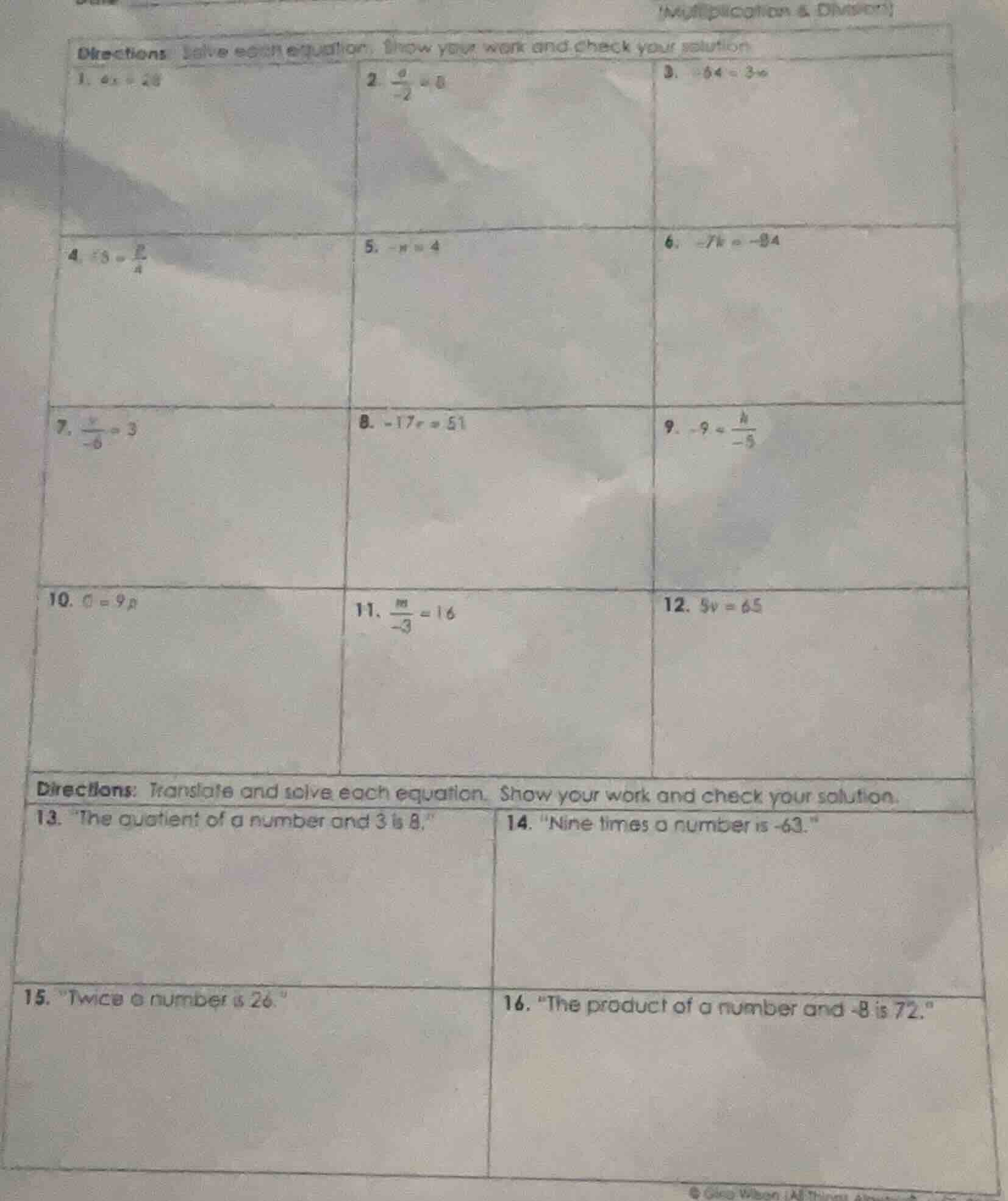 (multiplication & division) directions: solve each equation. show your …
