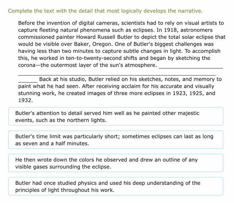 complete the text with the detail that most logically develops the narr…