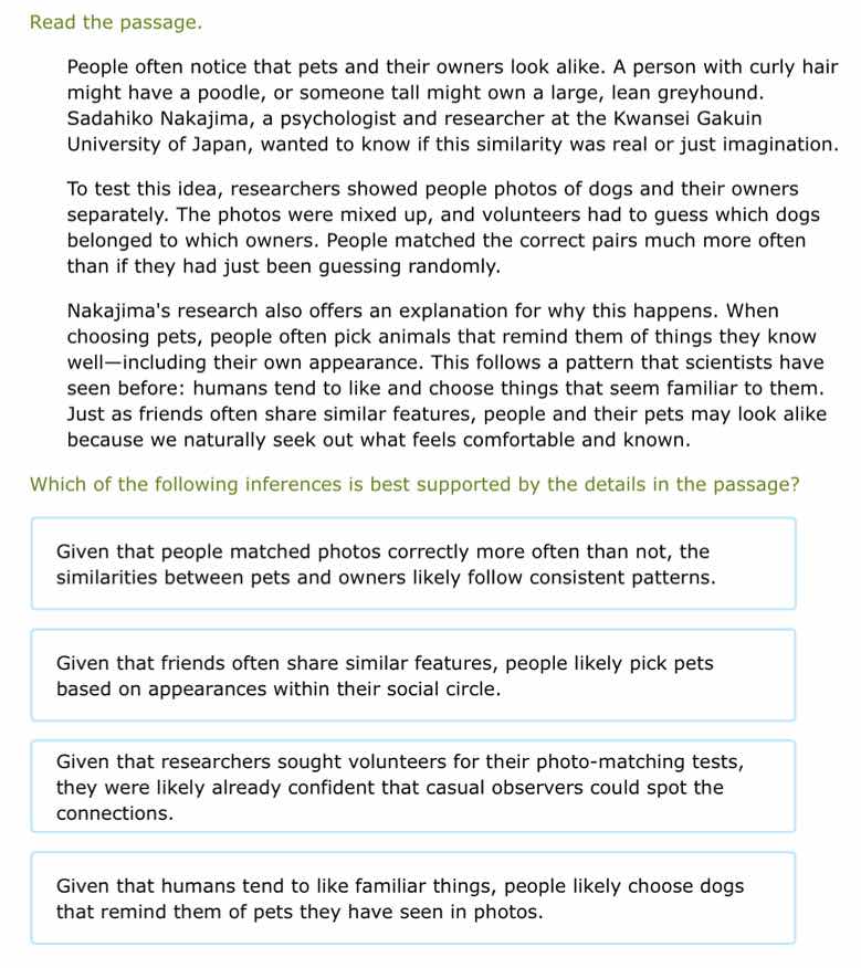 read the passage. people often notice that pets and their owners look a…