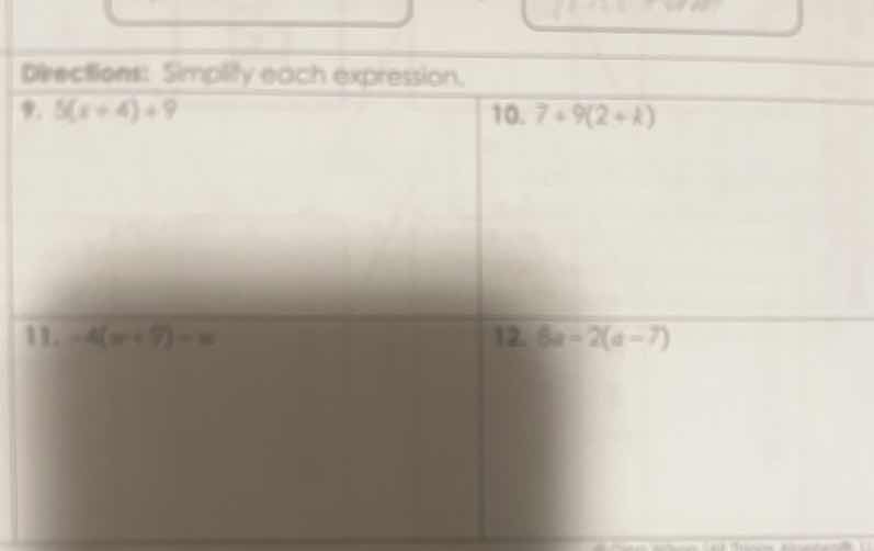 directions: simplify each expression. 9. $5(x + 4) + 9$ 10. $7 + 9(2 + …