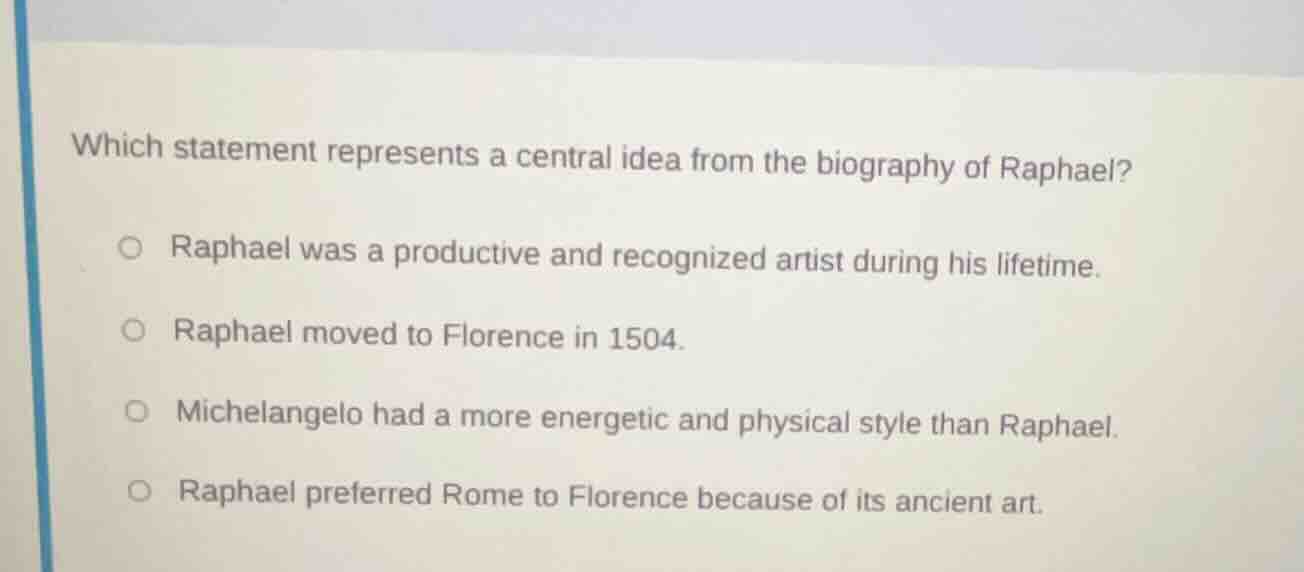 which statement represents a central idea from the biography of raphael…