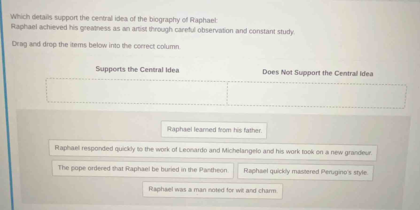 which details support the central idea of the biography of raphael: rap…