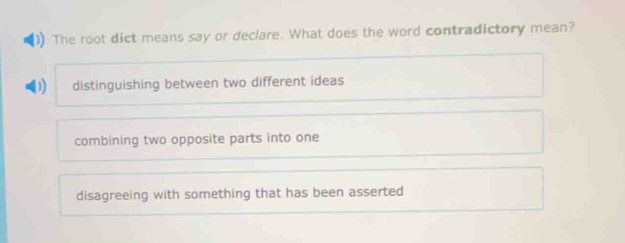 the root dict means say or declare. what does the word contradictory me…