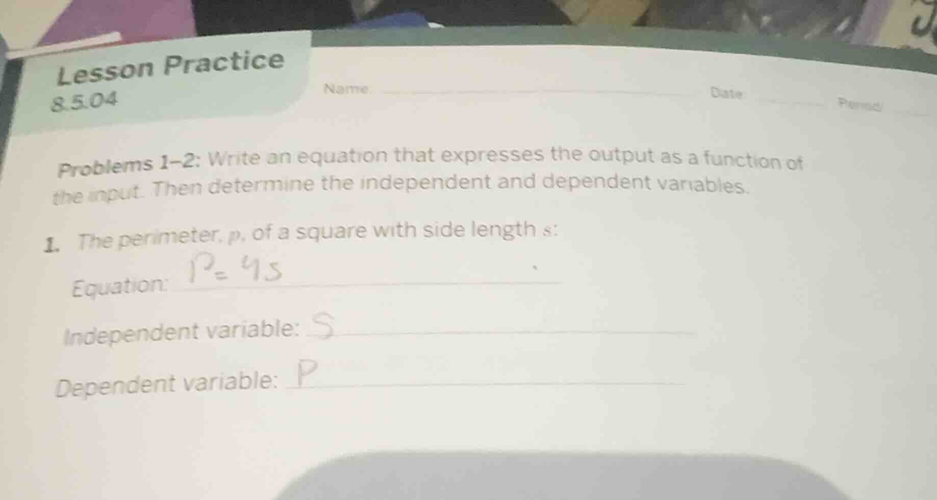 lesson practice 8.5.04 name date period problems 1–2: write an equation…