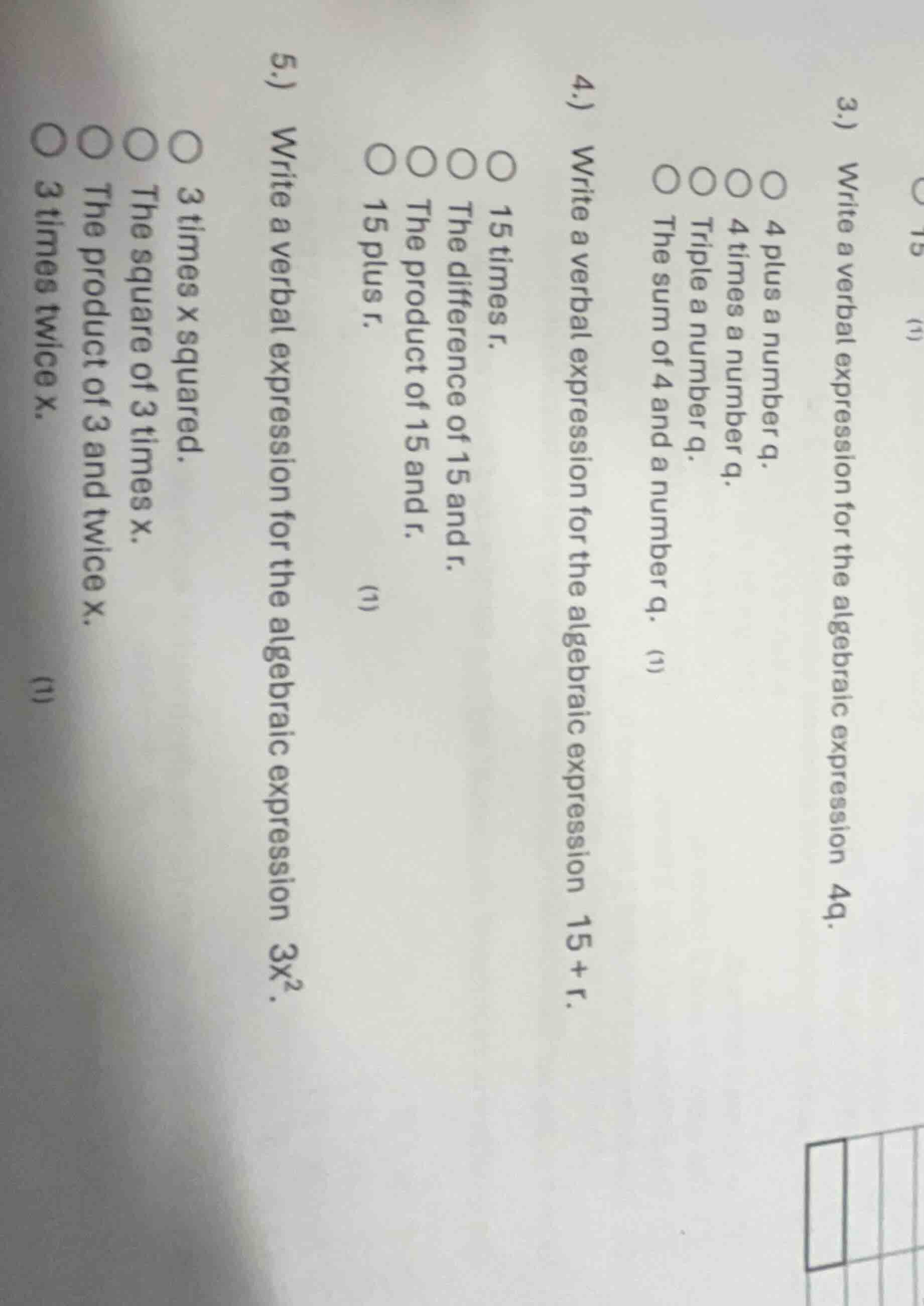 3.) write a verbal expression for the algebraic expression 4q. options:…