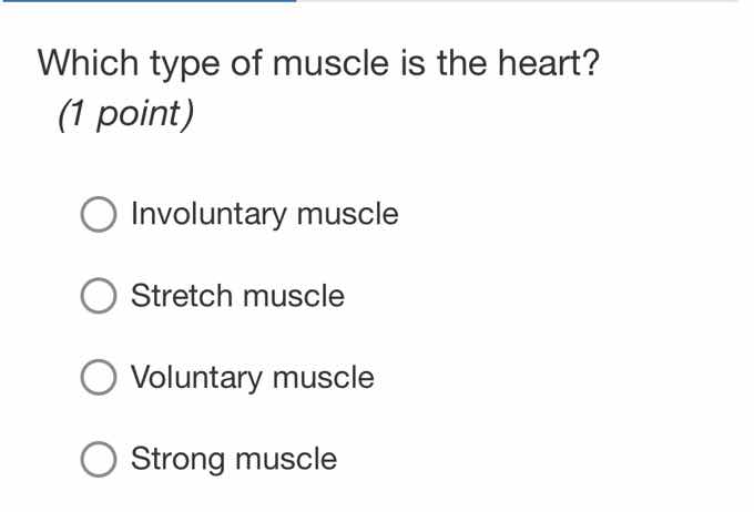 which type of muscle is the heart? (1 point) ○ involuntary muscle ○ str…