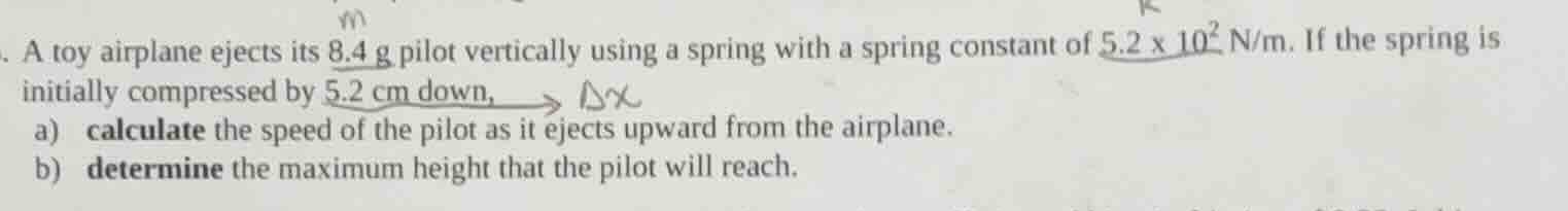 a toy airplane ejects its 8.4 g pilot vertically using a spring with a …