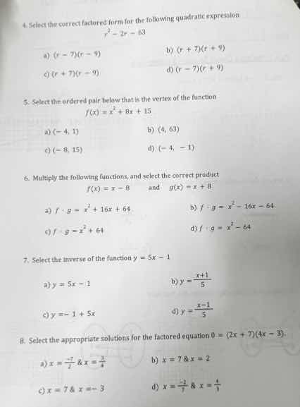 4. select the correct factored form for the following quadratic express…