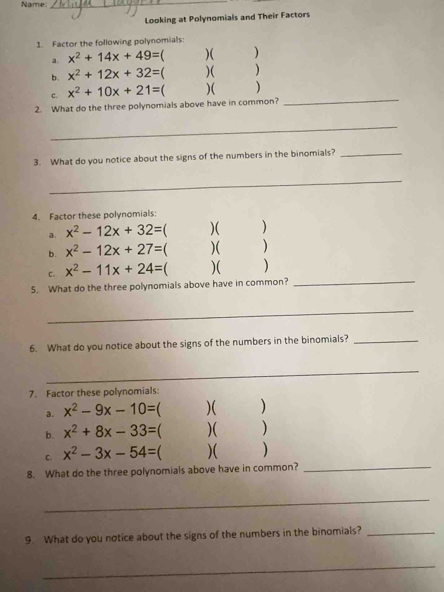 name: looking at polynomials and their factors 1. factor the following …