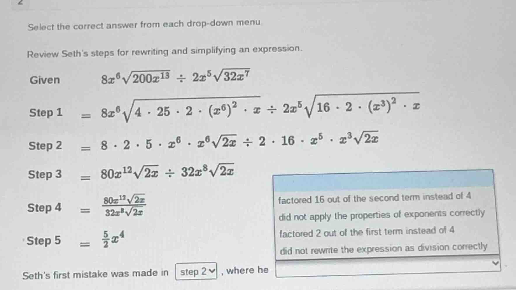 select the correct answer from each drop - down menu. review seths step…
