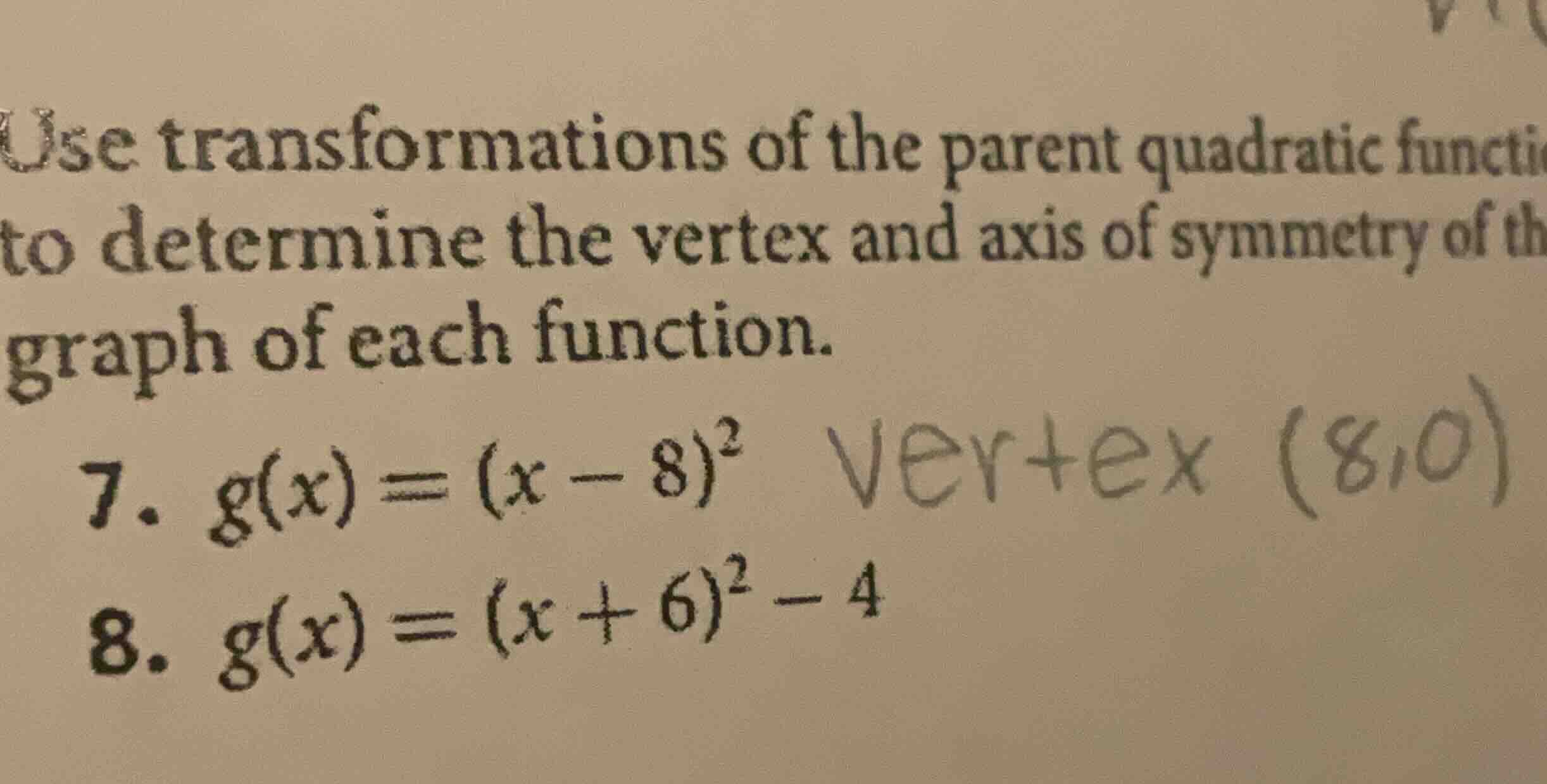 use transformations of the parent quadratic functi to determine the ver…