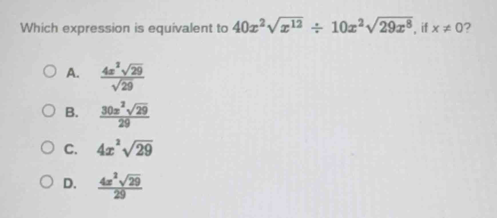which expression is equivalent to $40x^{2}\\sqrt{x^{12}} \\div 10x^{2}\…