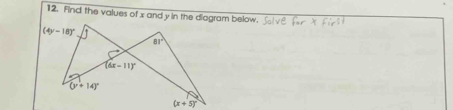 12. find the values of x and y in the diagram below. solve for x first