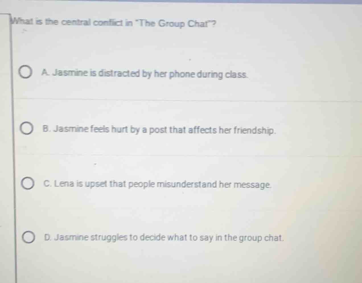 what is the central conflict in the group chat? a. jasmine is distracte…