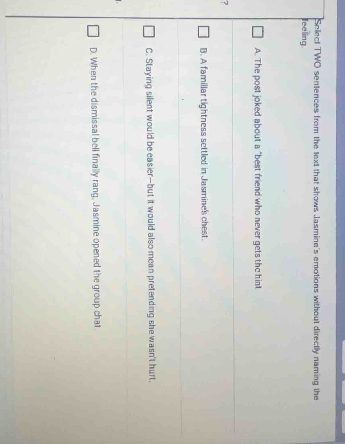 select two sentences from the text that shows jasmine’s emotions withou…