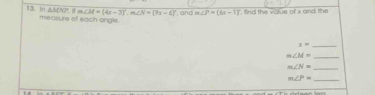 13. in $\\triangle mnp$, if $m\\angle m = (4x - 3)°$, $m\\angle n = (9x…