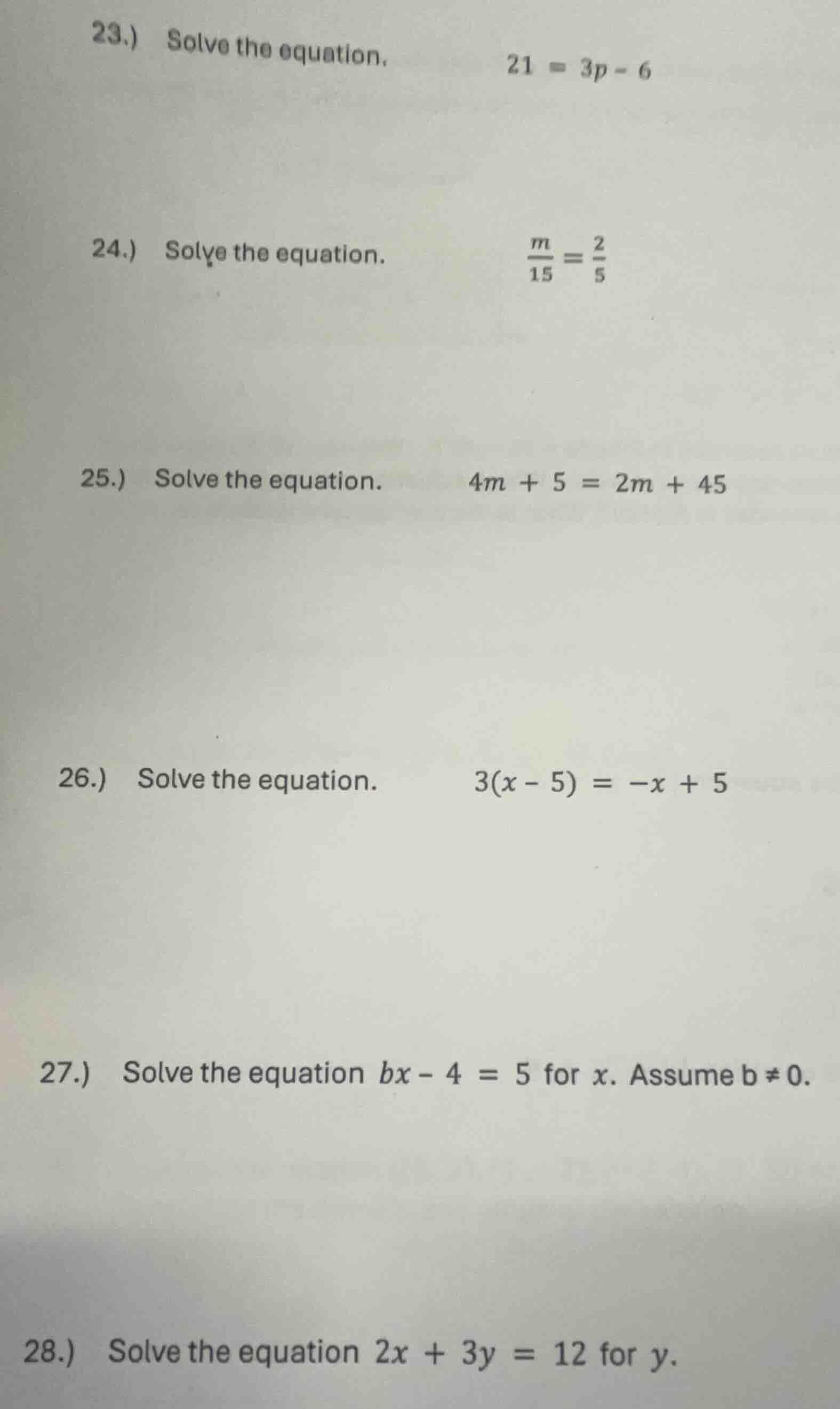 23.) solve the equation. \\( 21 = 3p - 6 \\) 24.) solve the equation. \…