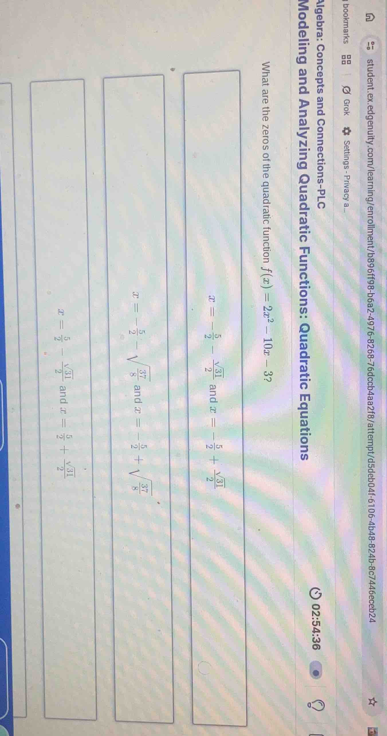 what are the zeros of the quadratic function ( f(x) = 2x^2 - 10x - 3 )?