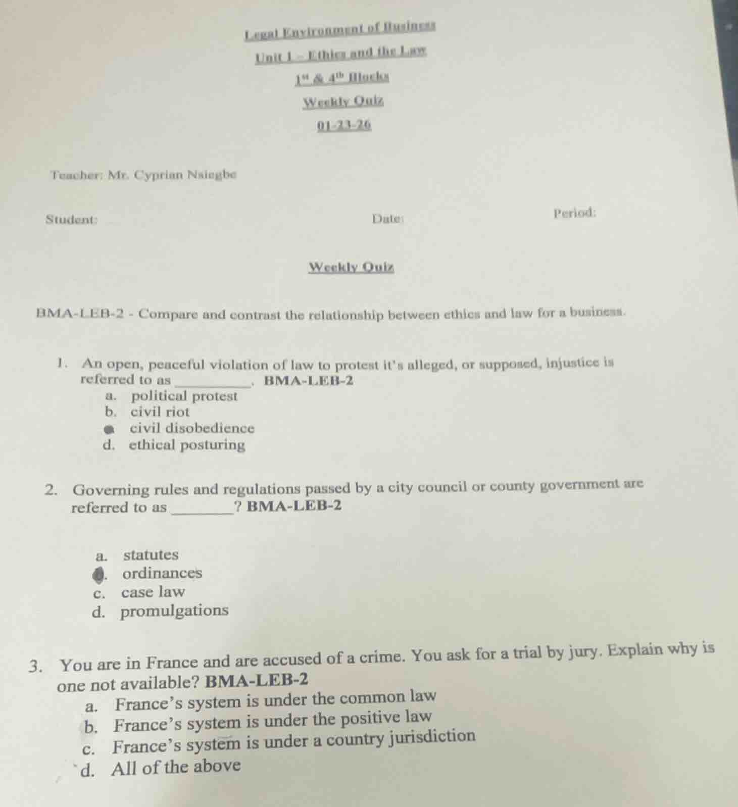 legal environment of business unit 1 - ethics and the law 1st & 4th blo…