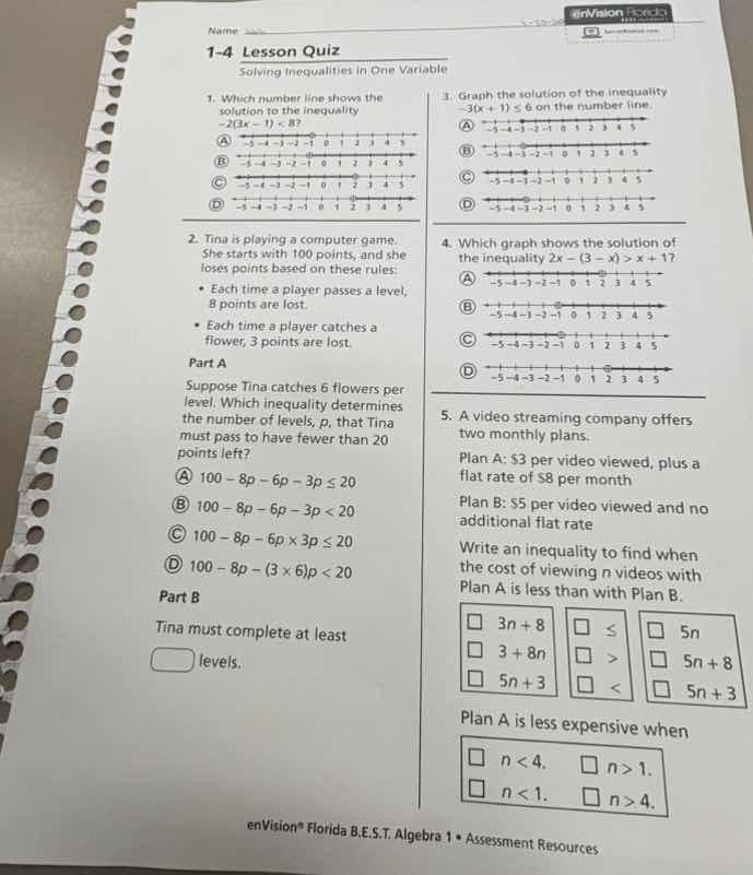 name 1-4 lesson quiz solving inequalities in one variable 1. which numb…