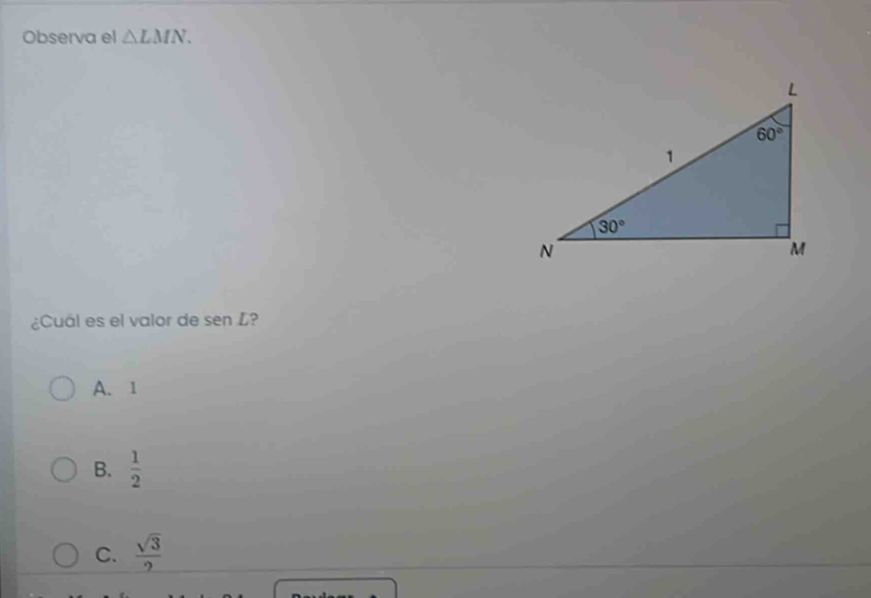 observa el $\\triangle lmn$. ¿cuál es el valor de $\\sen l$? \\bigcirc …