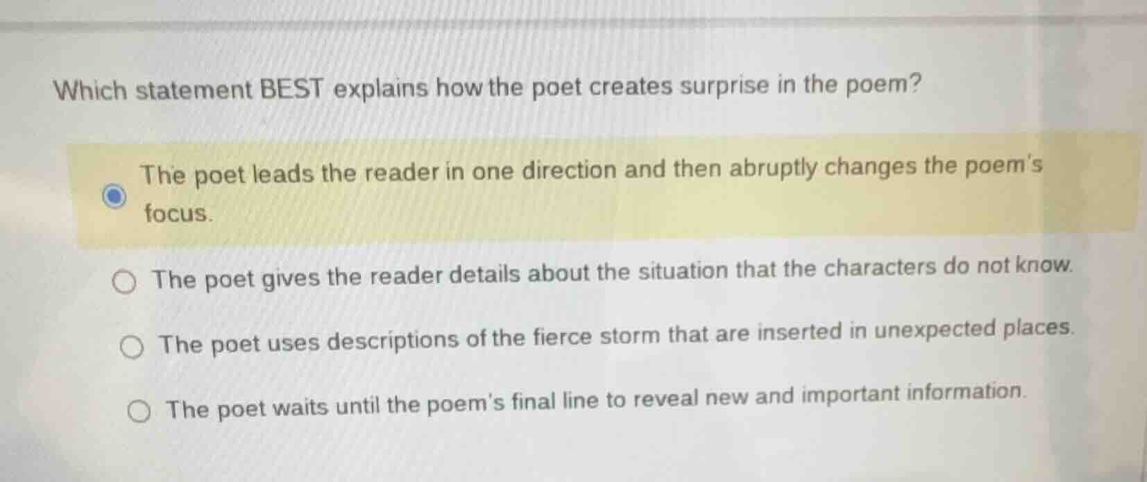 which statement best explains how the poet creates surprise in the poem…