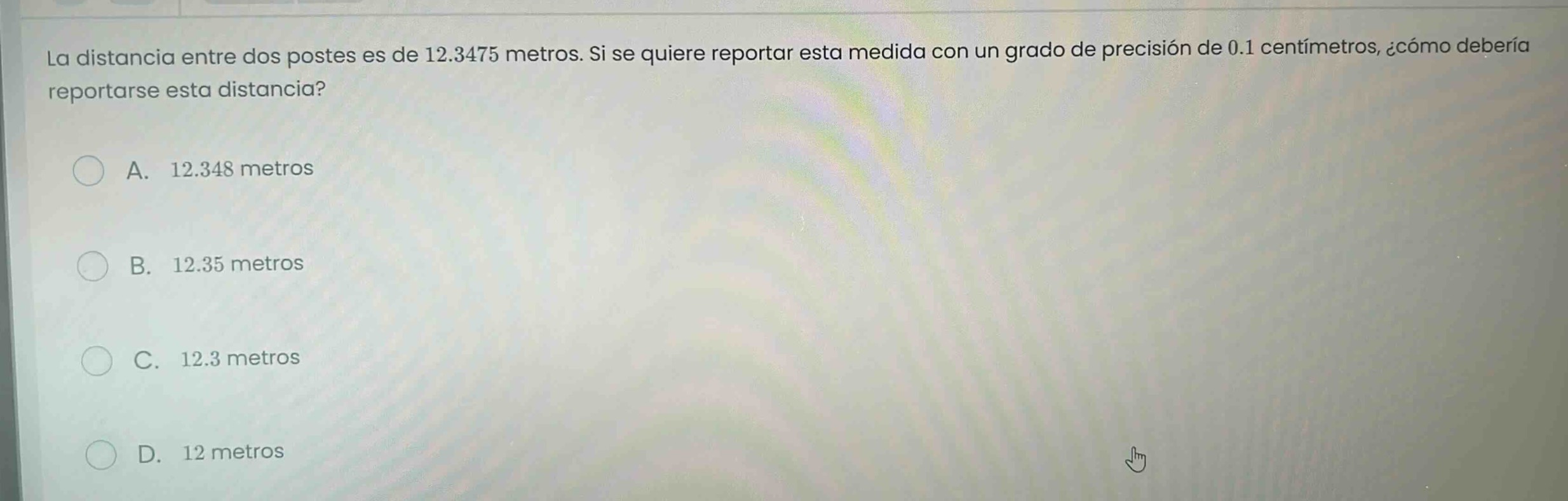 la distancia entre dos postes es de 12.3475 metros. si se quiere report…