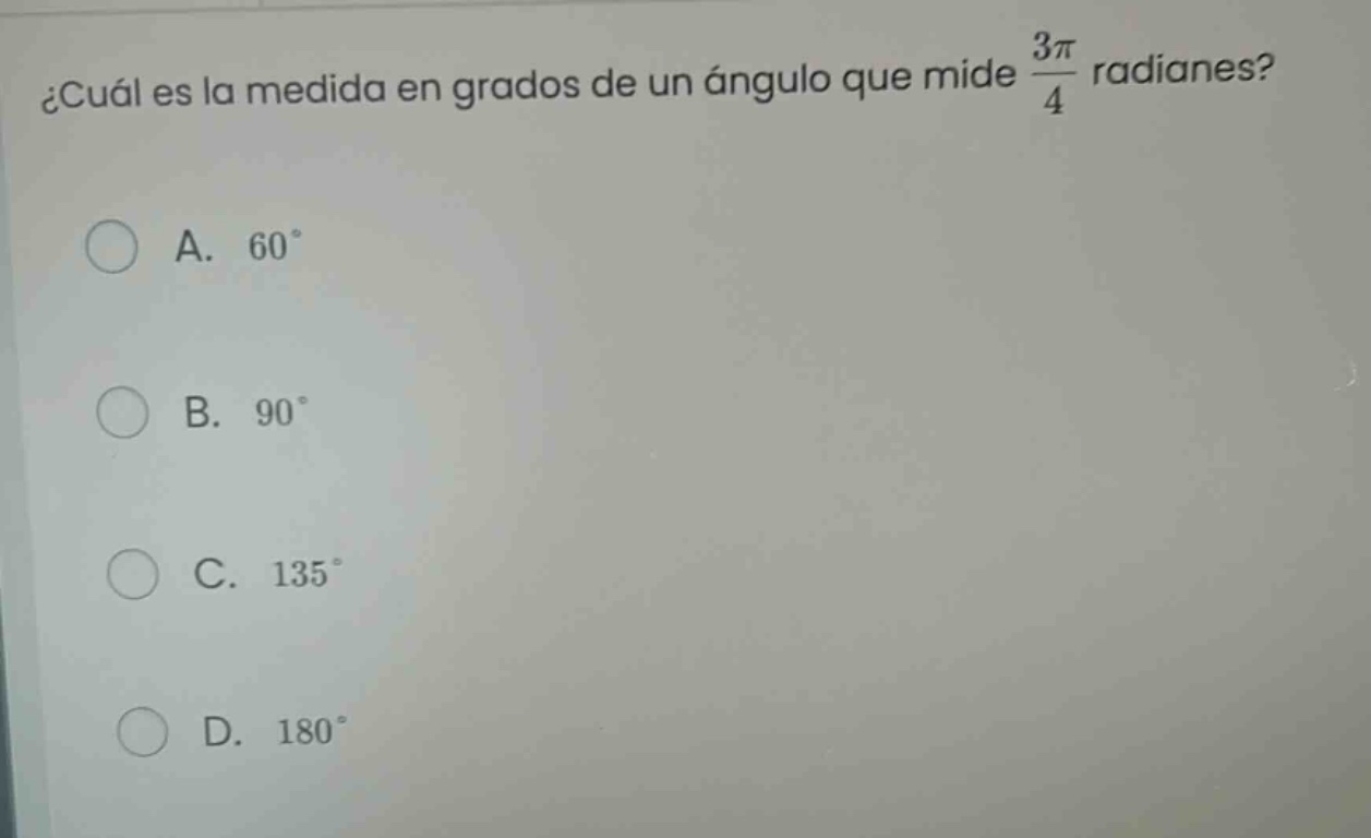 ¿cuál es la medida en grados de un ángulo que mide \\(\\frac{3\\pi}{4}\…
