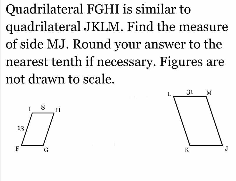 quadrilateral fghi is similar to quadrilateral jklm. find the measure o…