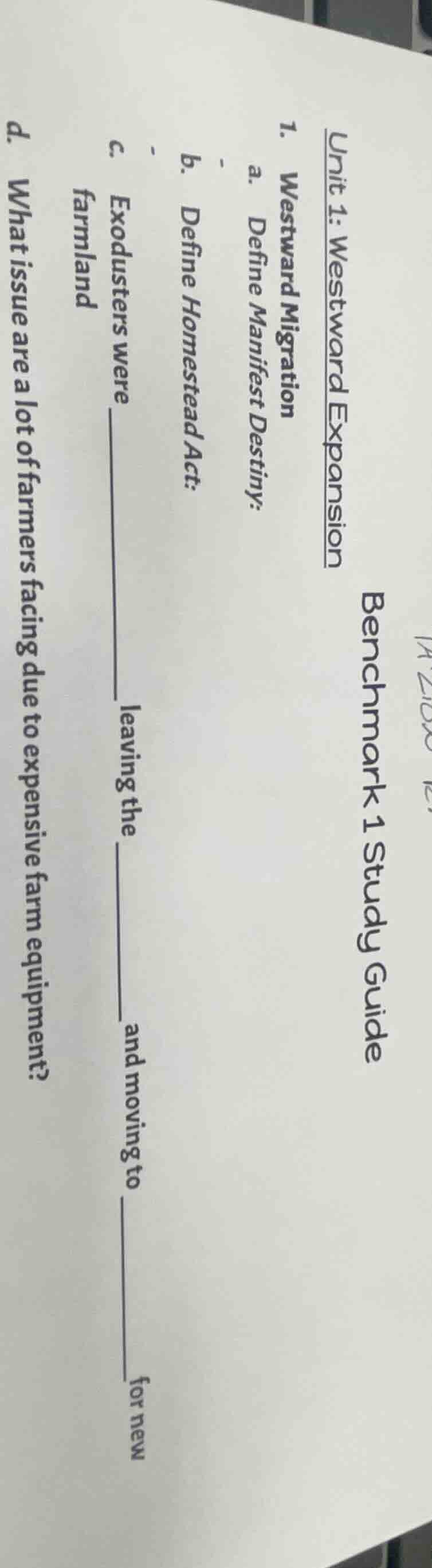 benchmark 1 study guide unit 1: westward expansion 1. westward migratio…