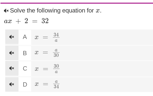 solve the following equation for ( x ). ( ax + 2 = 32 ) a ( x = \frac{3…