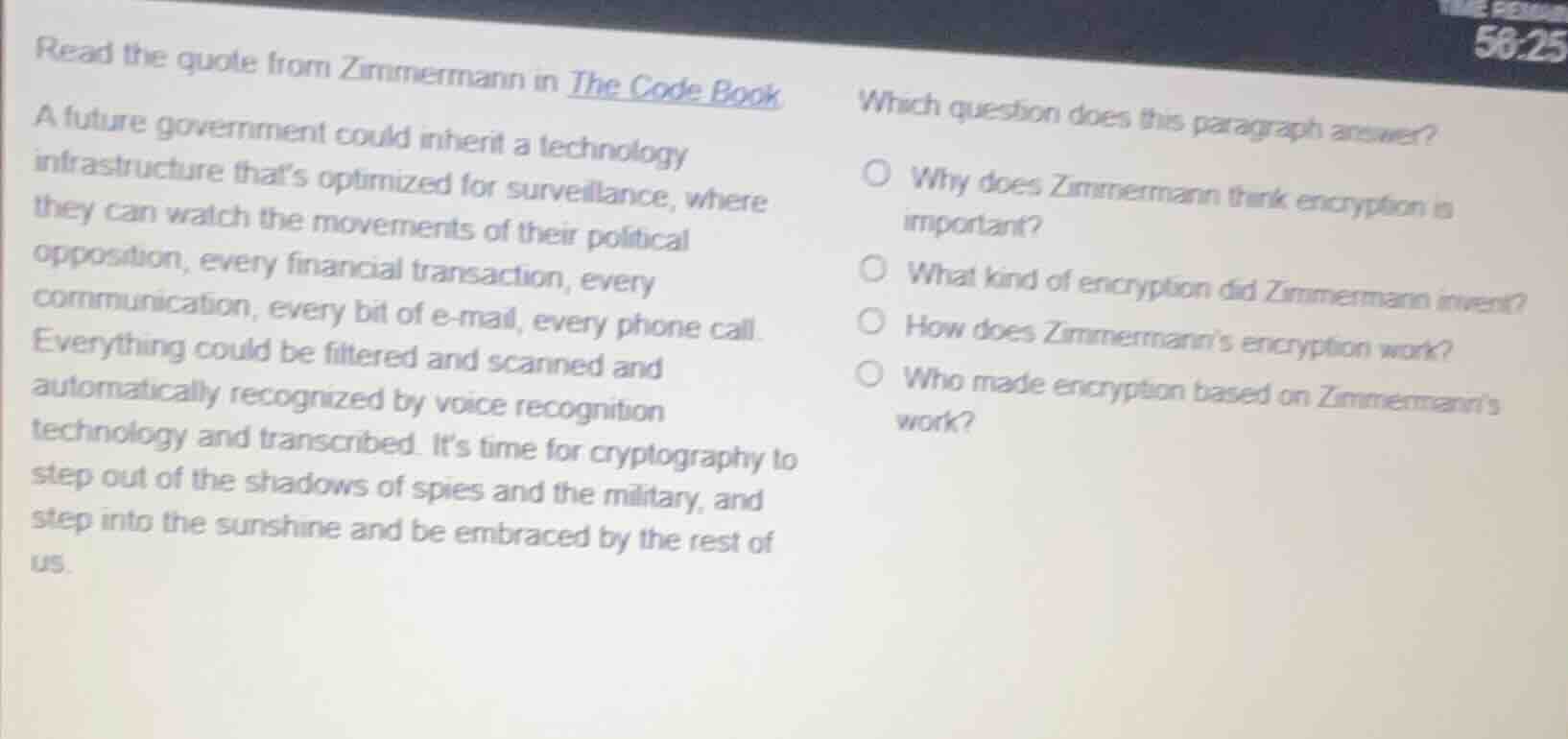 read the quote from zimmermann in the code book a future government cou…