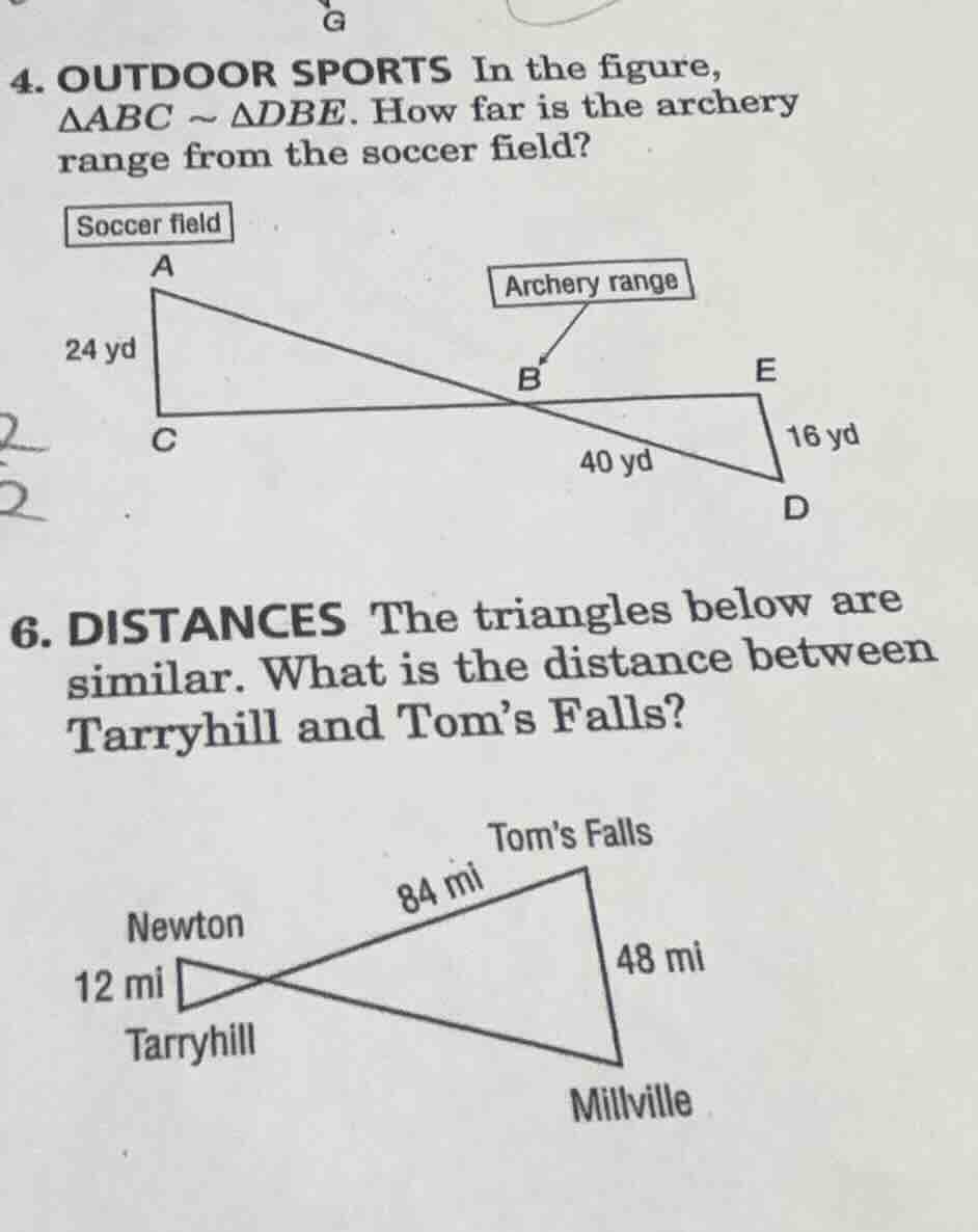 4. outdoor sports in the figure, $\\triangle abc \\sim \\triangle dbe$.…