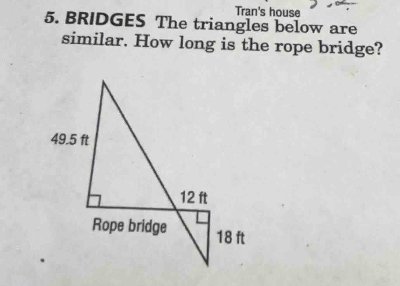 5. bridges the triangles below are similar. how long is the rope bridge…